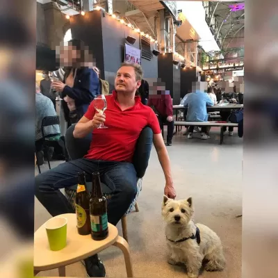The Unexpected Dog Guardian: A Story of Love Through Flames : Having a drink at a wine bar with Westie dog during a long walk