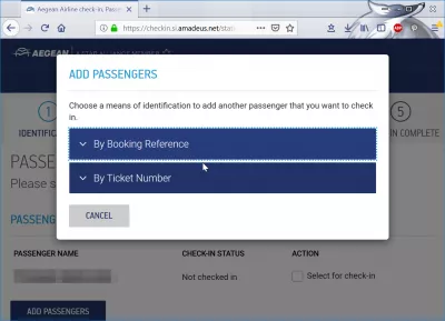 Aegean letalske družbe se prijavijo : Dodajanje potnika z rezervacijsko kodo ali številko vozovnice