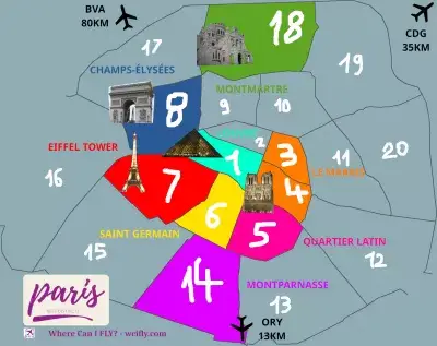 كيفية اختيار أفضل فندق في باريس : خريطة أفضل المناطق في باريس لتفاصيل الفندق، مع الآثار الرئيسية الموقع والمسافة إلى المطارات