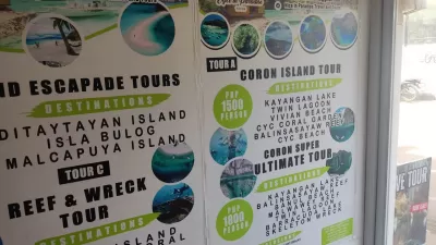 Mini Udhëzues Udhëtimi: Një ditë aventure në Coron, Palawan : Opsionet e turneve të ditës Coron Island dhe çmimet në një agjenci turistike në ishull lokal Hopping