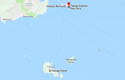 How is a Beach day trip to Taboga island, Panama? : Amador Causeway map from ferry Calypso barcos or TabogaExpress fast ferry to Taboga island